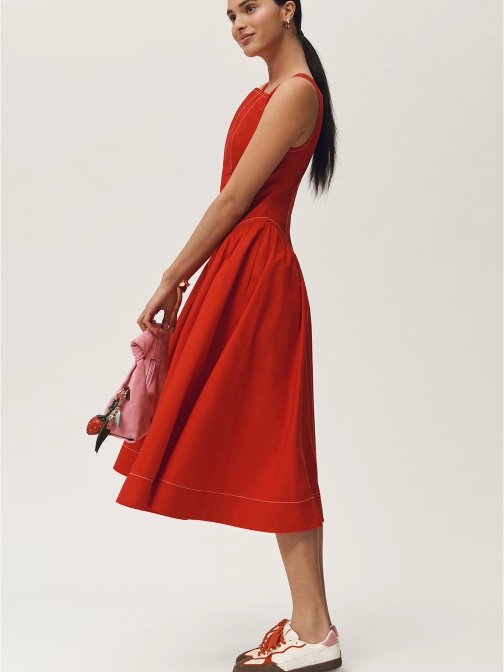 Anthropologie Red Midi Dress with Contrast Stitching